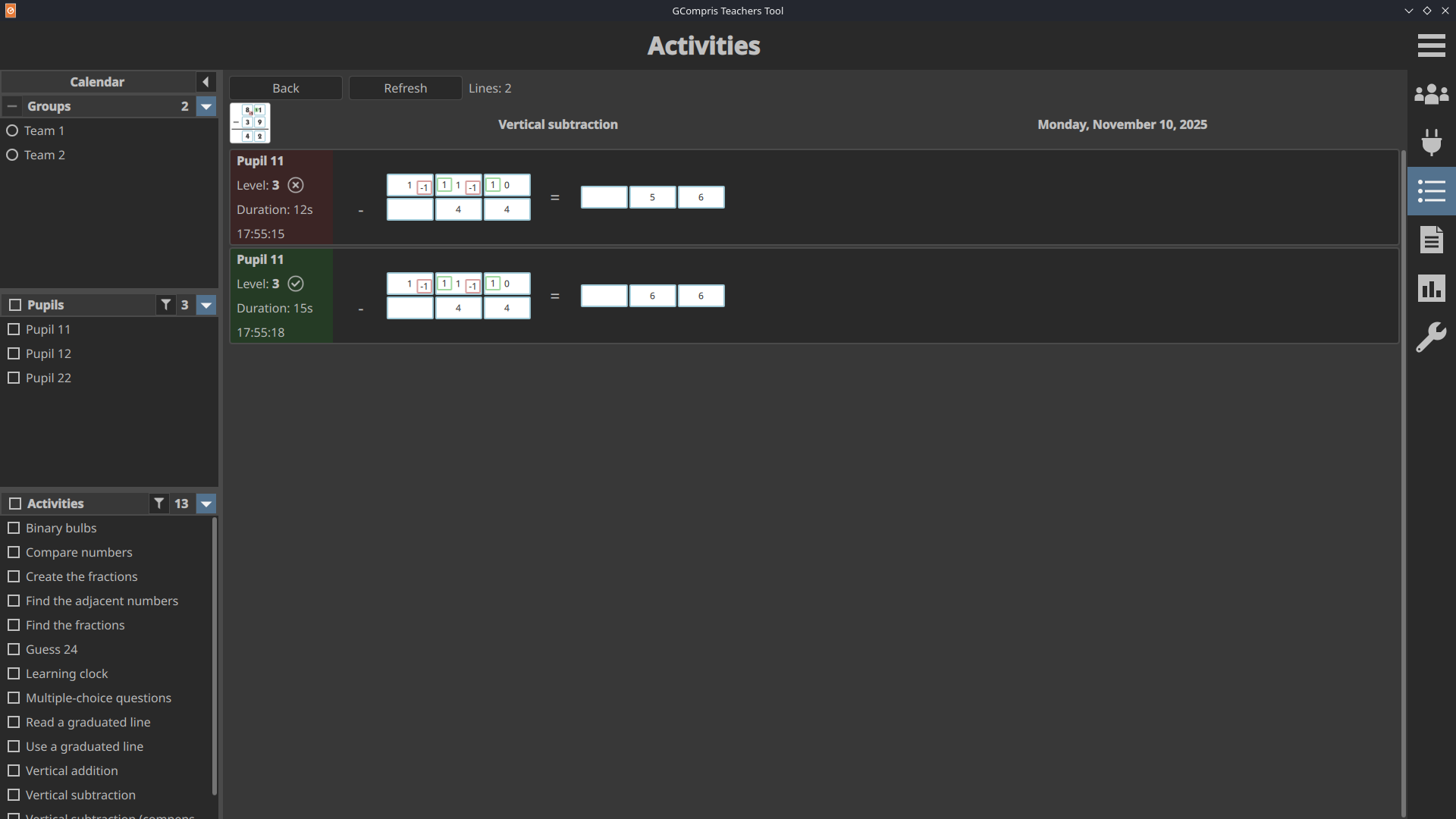 Results display for vertical subtraction activity